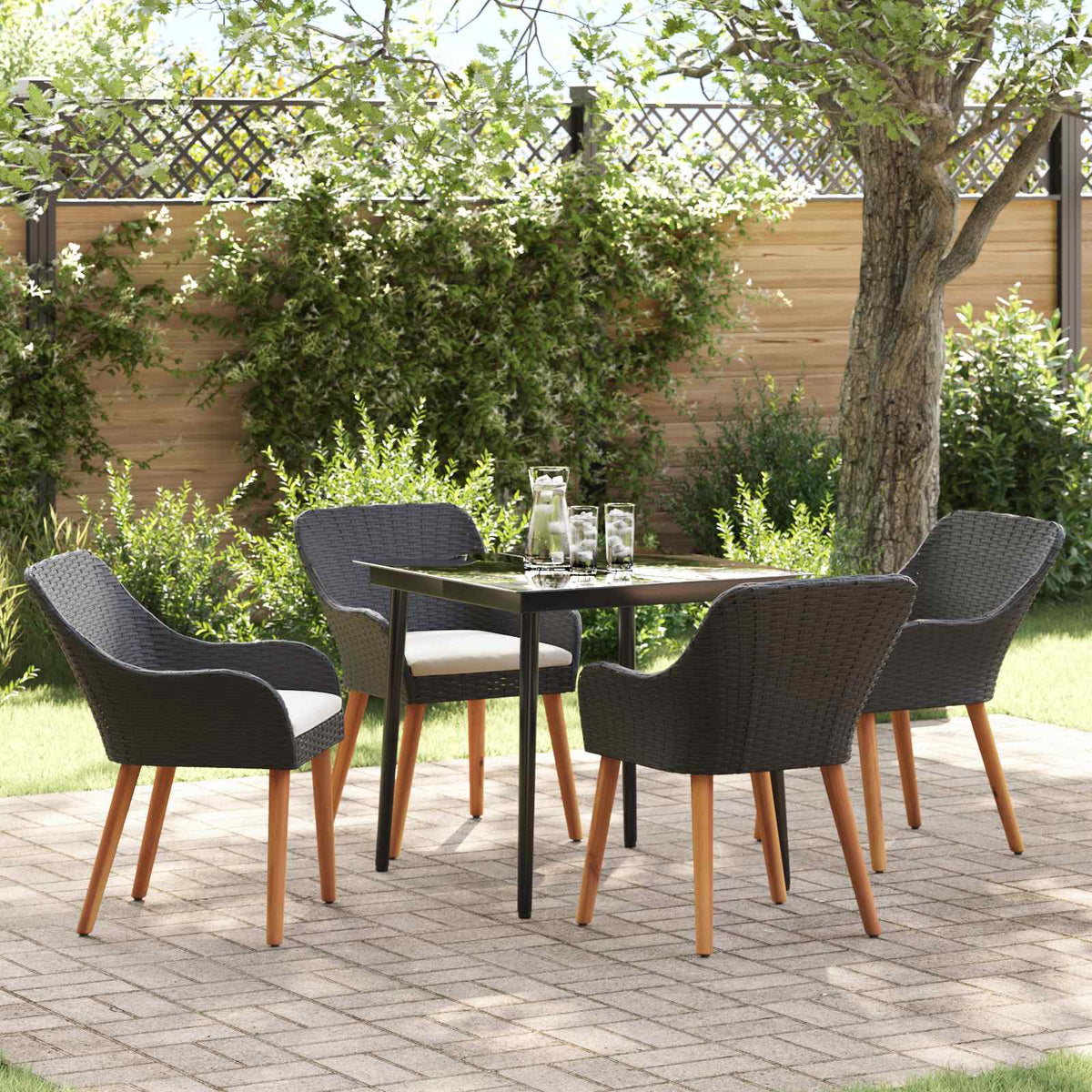 Garden Dining Set with Cushion 5 pcs Black Poly Rattan