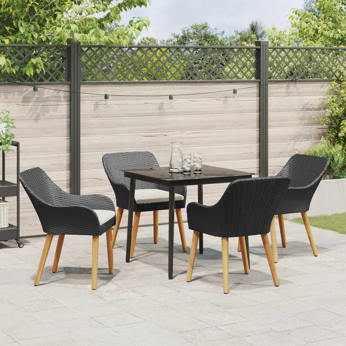 Garden Dining Set with Cushion 5 pcs Black Poly Rattan