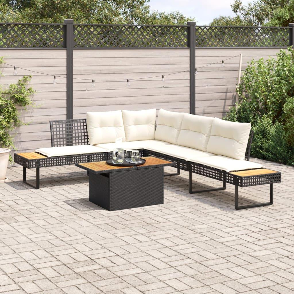 2 Piece Garden Sofa Set with Cushions Black Poly Rattan and Acacia