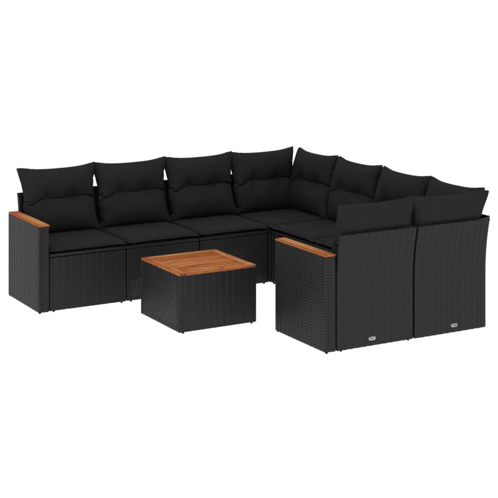 9 Piece Garden Sofa Set with Cushions Black Poly Rattan