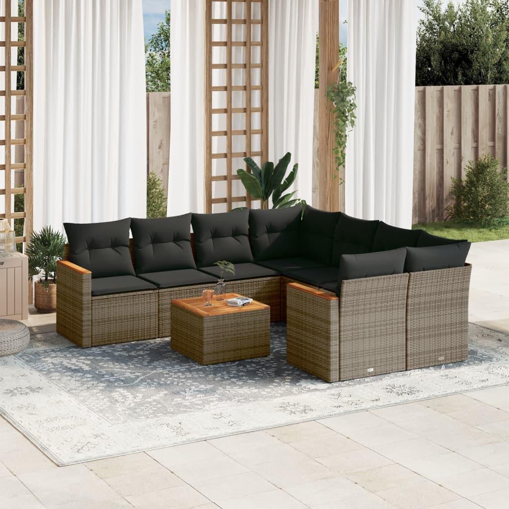 9 Piece Garden Sofa Set with Cushions Grey Poly Rattan