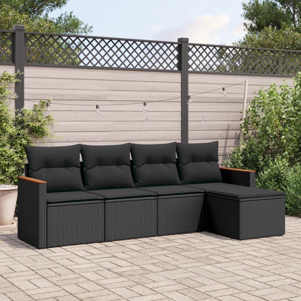 5 Piece Garden Sofa Set with Cushions Black Poly Rattan