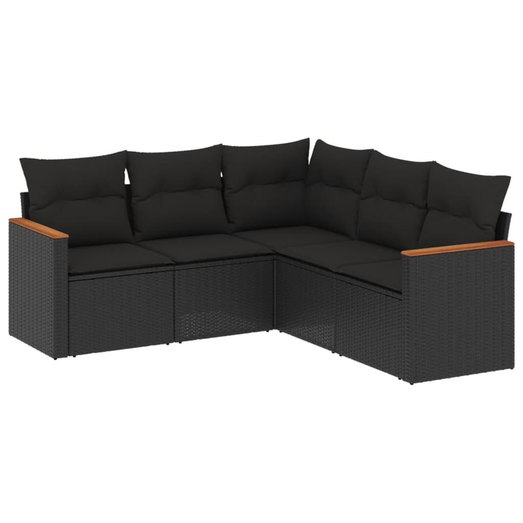 5 Piece Garden Sofa Set with Cushions Black Poly Rattan