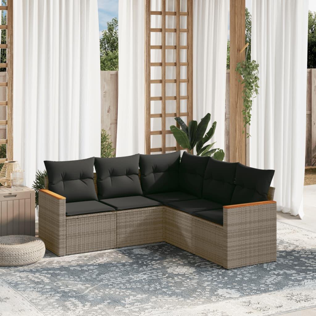 5 Piece Garden Sofa Set with Cushions Grey Poly Rattan