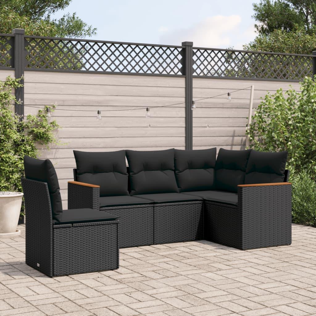 5 Piece Garden Sofa Set with Cushions Black Poly Rattan