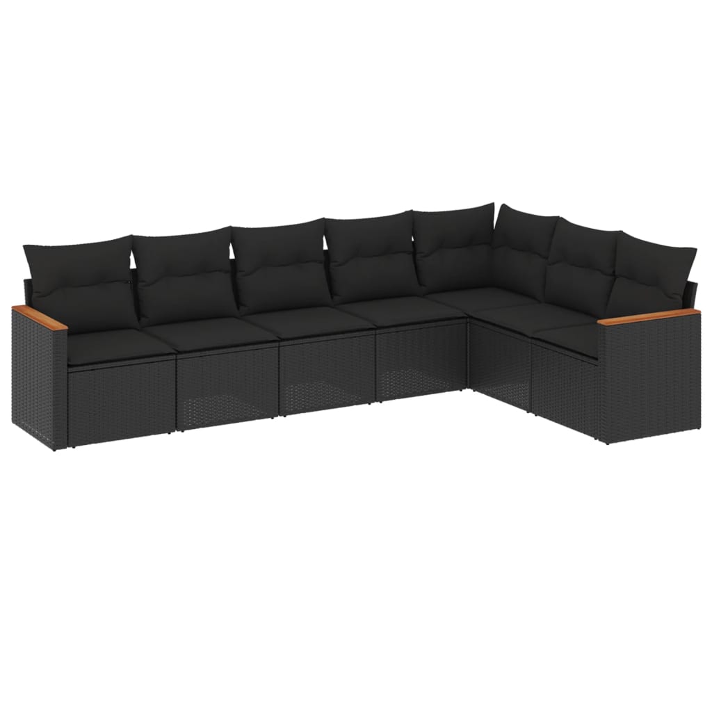 7 Piece Garden Sofa Set with Cushions Black Poly Rattan