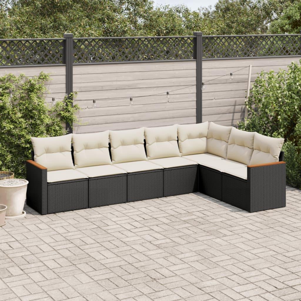 7 Piece Garden Sofa Set with Cushions Black Poly Rattan