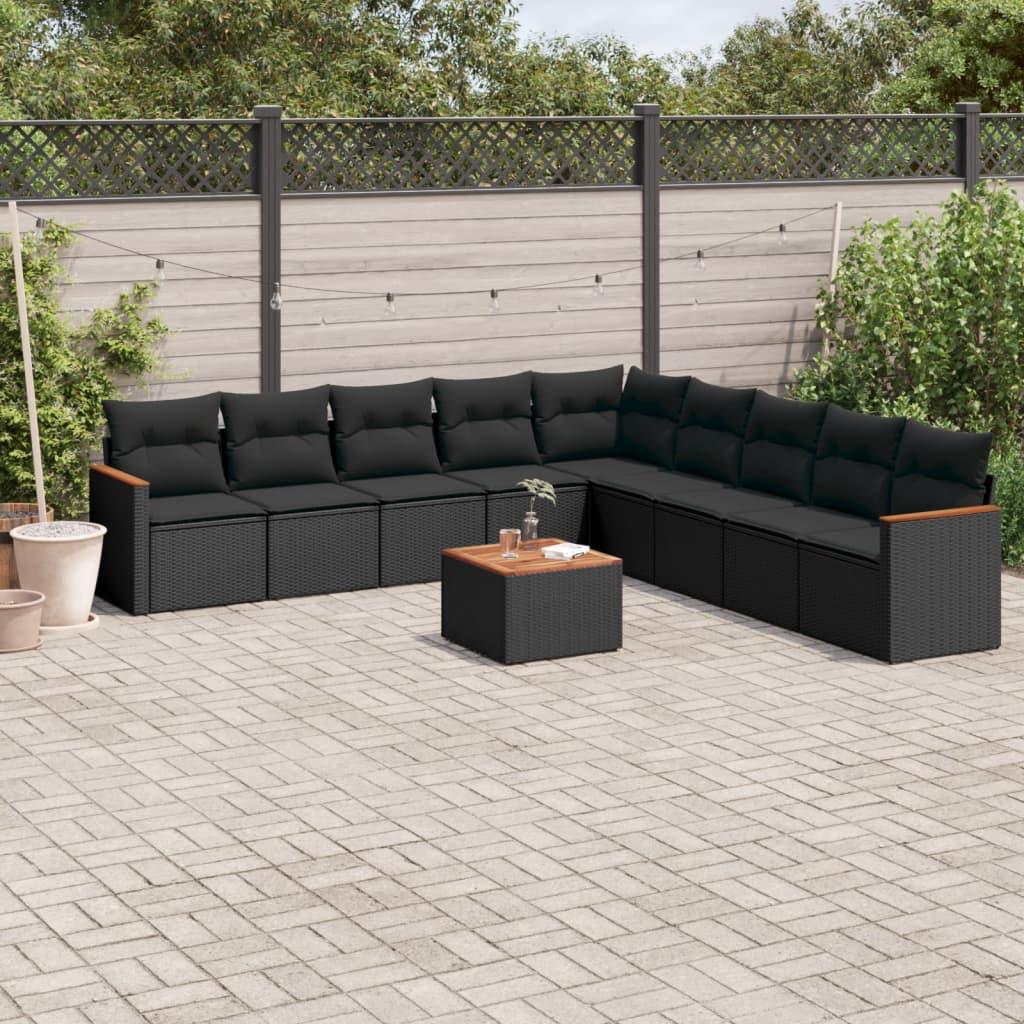 10 Piece Garden Sofa Set with Cushions Black Poly Rattan