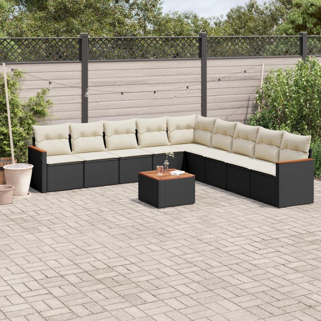 10 Piece Garden Sofa Set with Cushions Black Poly Rattan