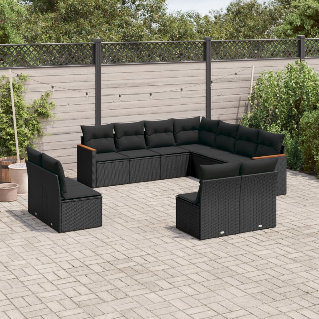 11 Piece Garden Sofa Set with Cushions Black Poly Rattan