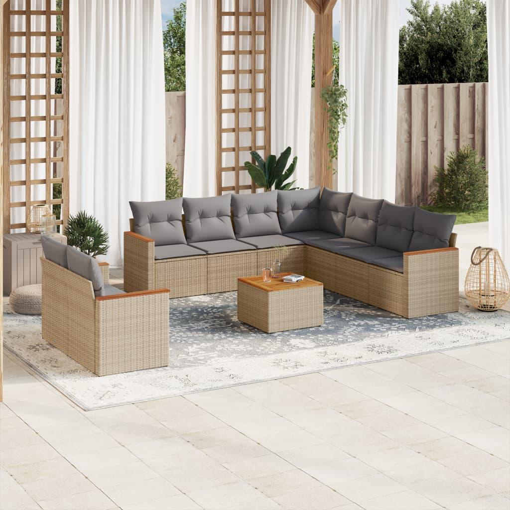 10 Piece Garden Sofa Set with Cushions Beige Poly Rattan