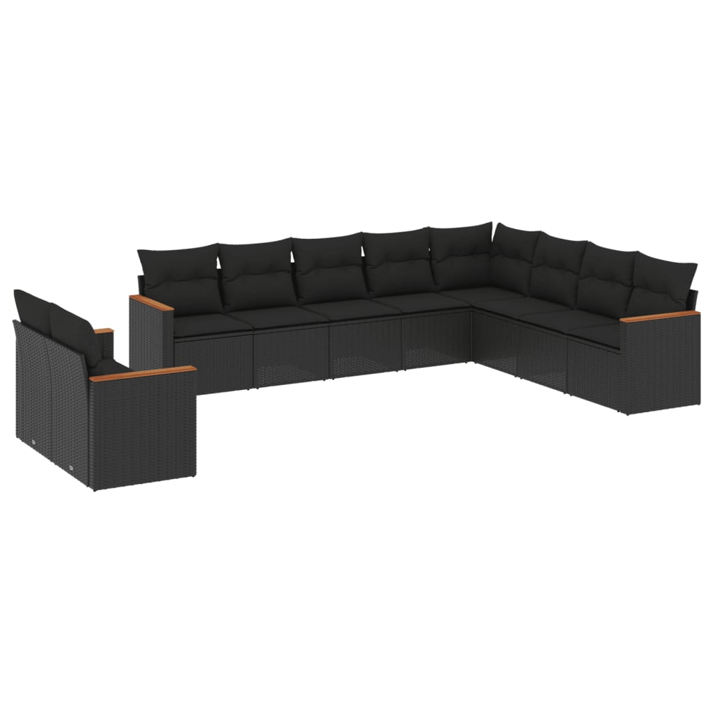 10 Piece Garden Sofa Set with Cushions Black Poly Rattan