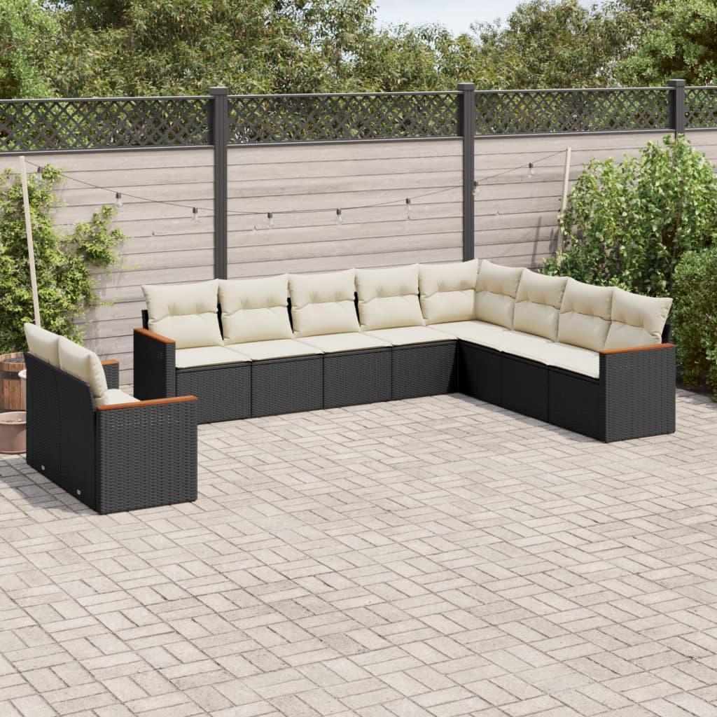 10 Piece Garden Sofa Set with Cushions Black Poly Rattan