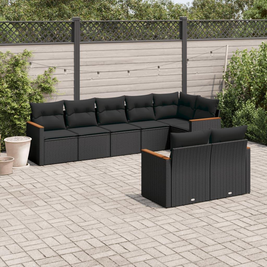 8 Piece Garden Sofa Set with Cushions Black Poly Rattan