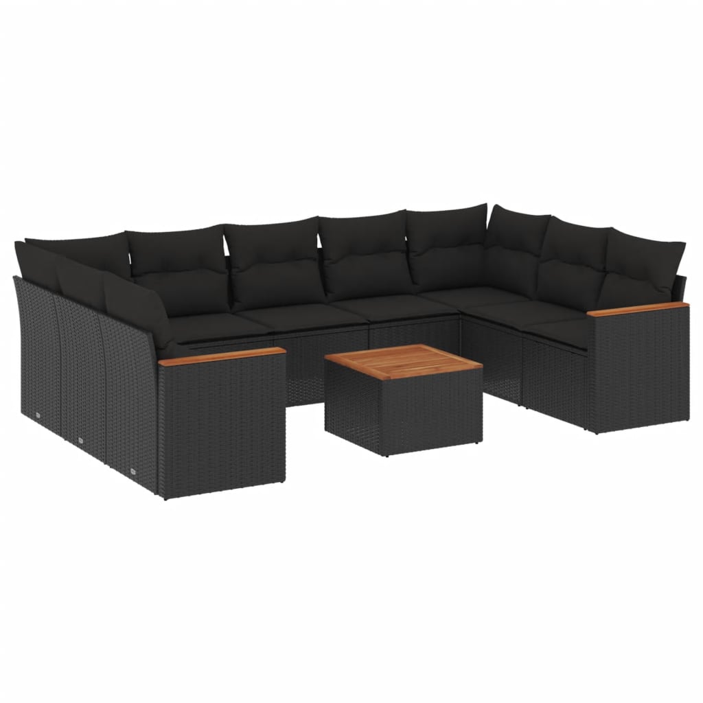 10 Piece Garden Sofa Set with Cushions Black Poly Rattan