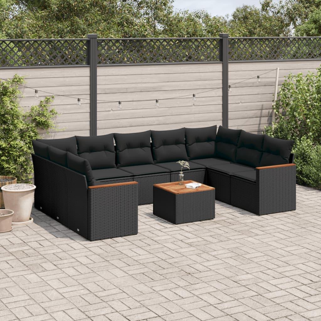 10 Piece Garden Sofa Set with Cushions Black Poly Rattan