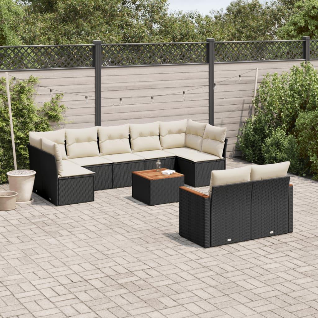 10 Piece Garden Sofa Set with Cushions Black Poly Rattan