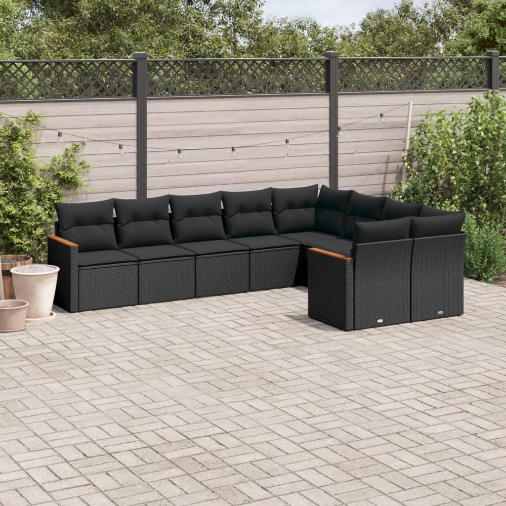 9 Piece Garden Sofa Set with Cushions Black Poly Rattan