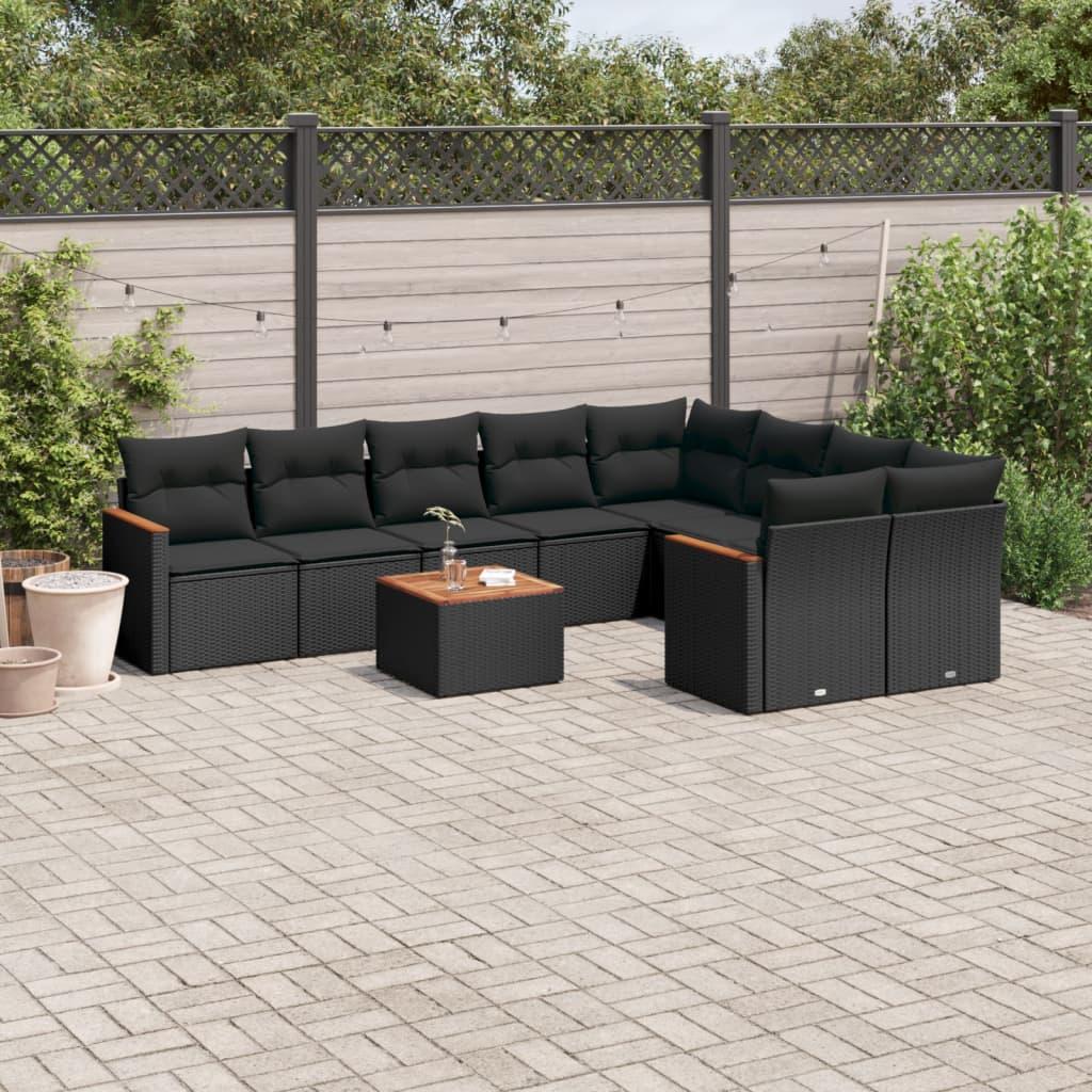 10 Piece Garden Sofa Set with Cushions Black Poly Rattan