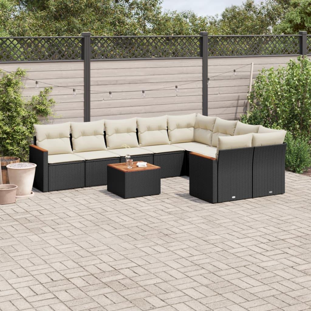 10 Piece Garden Sofa Set with Cushions Black Poly Rattan