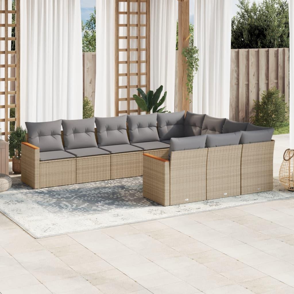 10 Piece Garden Sofa Set with Cushions Beige Poly Rattan