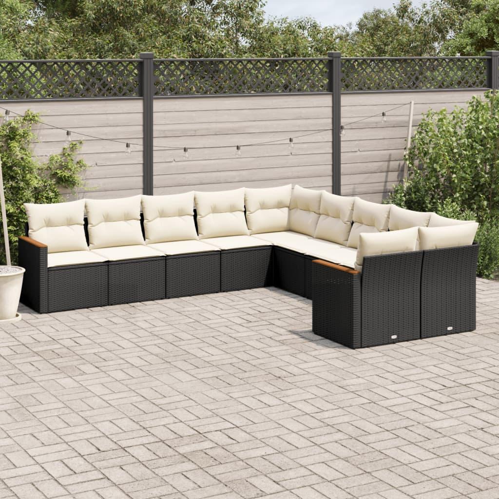 10 Piece Garden Sofa Set with Cushions Black Poly Rattan