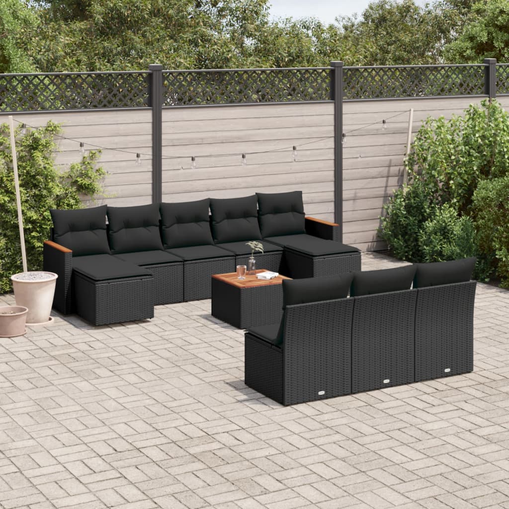 11 Piece Garden Sofa Set with Cushions Black Poly Rattan