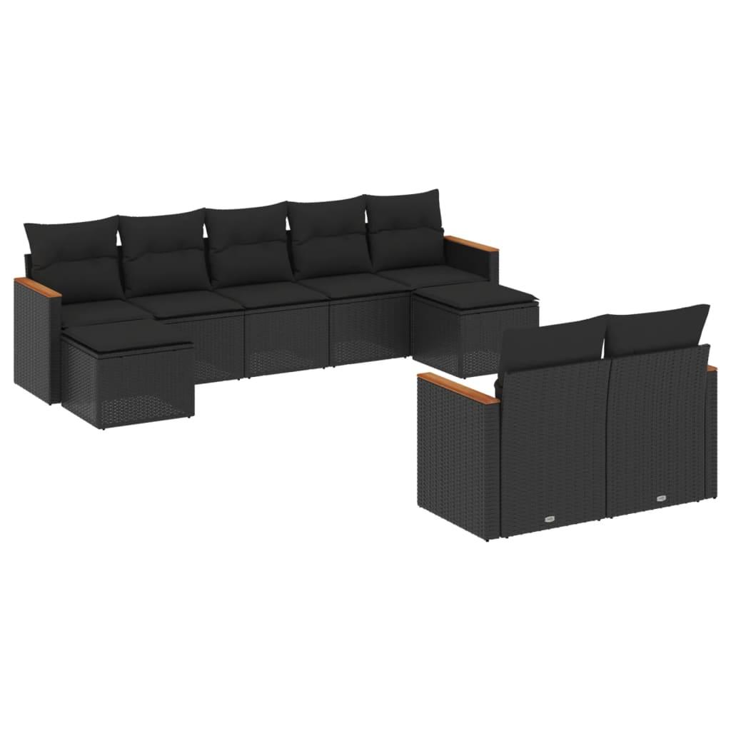 9 Piece Garden Sofa Set with Cushions Black Poly Rattan