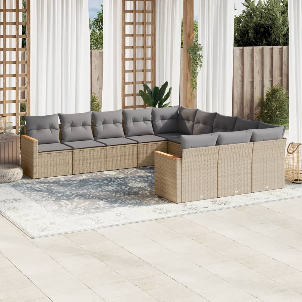 11 Piece Garden Sofa Set with Cushions Beige Poly Rattan