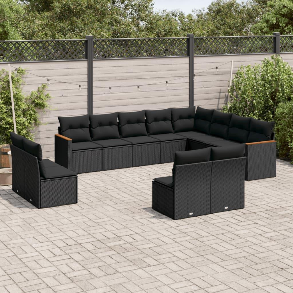 12 Piece Garden Sofa Set with Cushions Black Poly Rattan