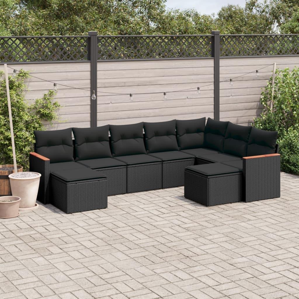 9 Piece Garden Sofa Set with Cushions Black Poly Rattan