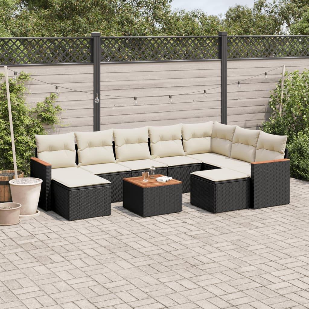 10 Piece Garden Sofa Set with Cushions Black Poly Rattan