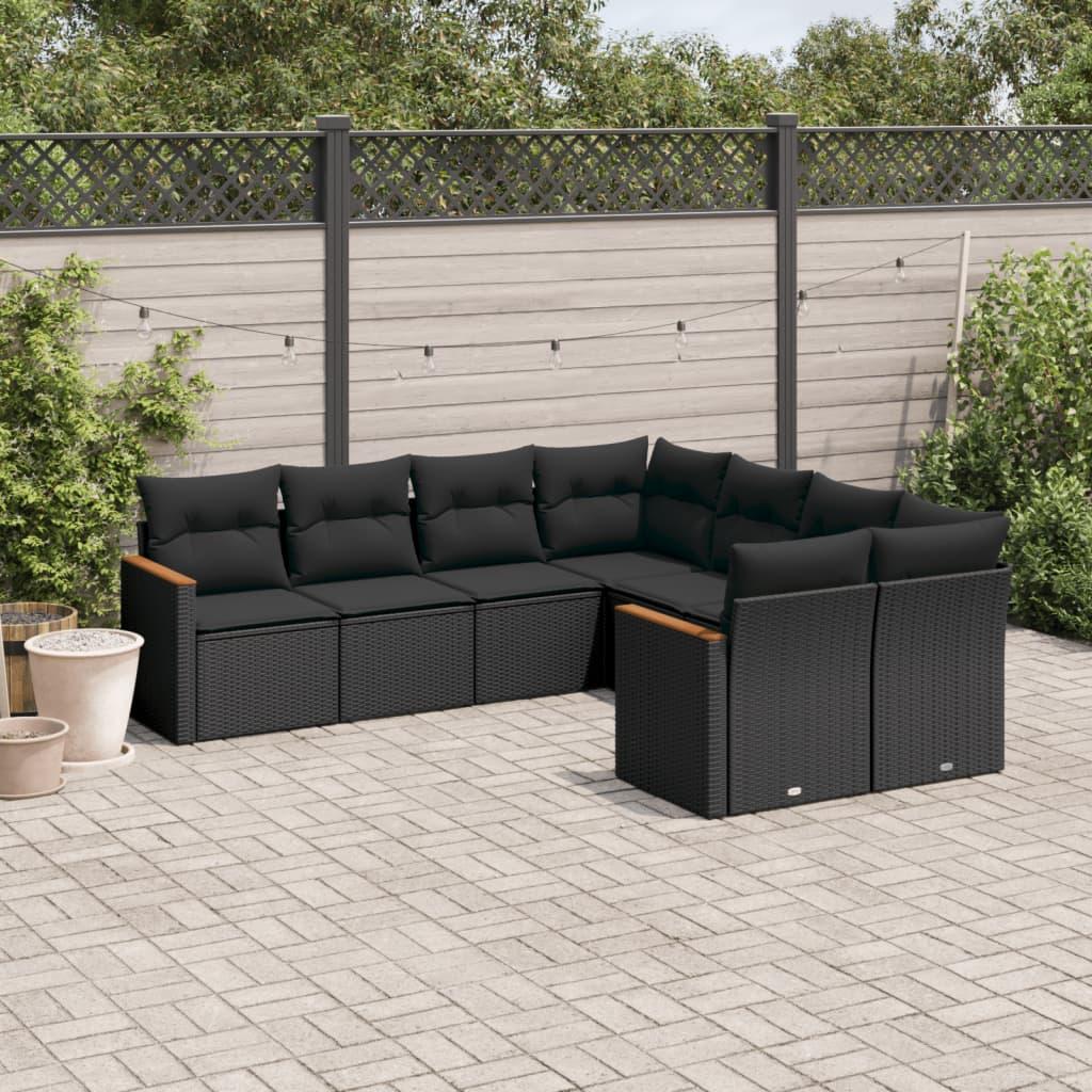 8 Piece Garden Sofa Set with Cushions Black Poly Rattan