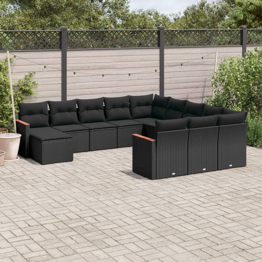 12 Piece Garden Sofa Set with Cushions Black Poly Rattan