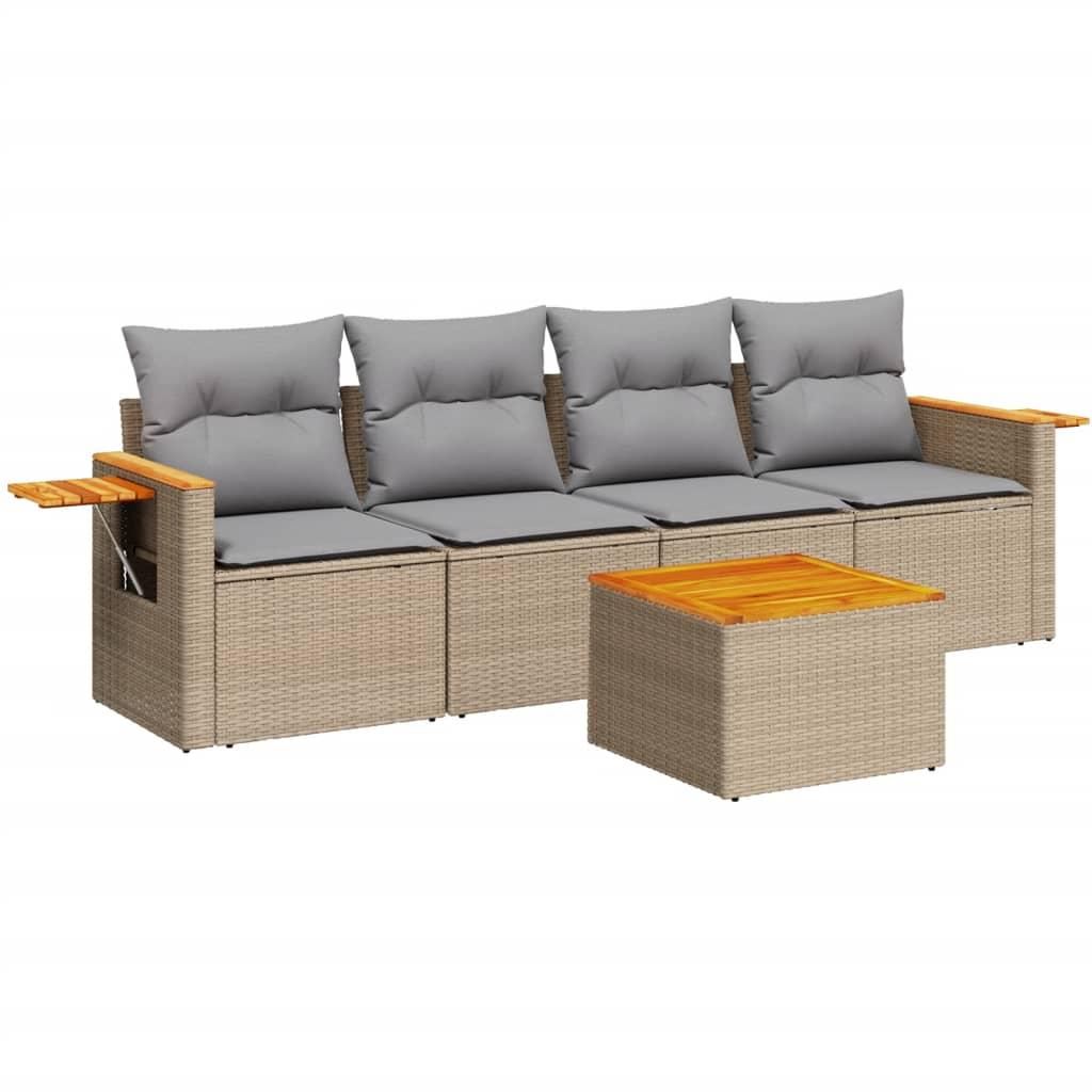 5 Piece Garden Sofa Set with Cushions Beige Poly Rattan