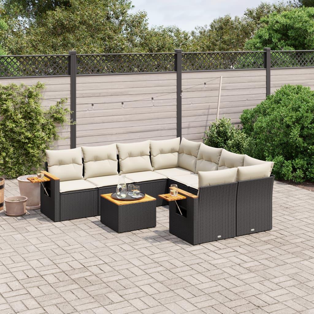9 Piece Garden Sofa Set with Cushions Black Poly Rattan