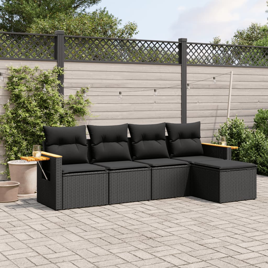 5 Piece Garden Sofa Set with Cushions Black Poly Rattan