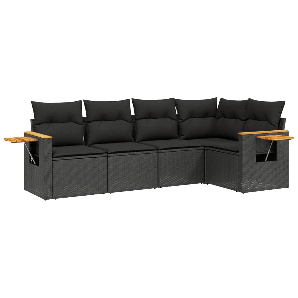 5 Piece Garden Sofa Set with Cushions Black Poly Rattan