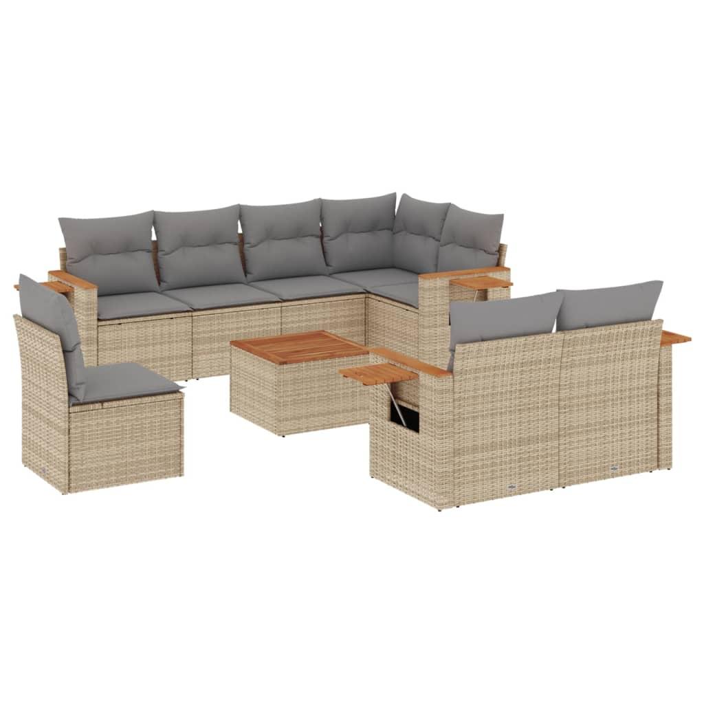 9 Piece Garden Sofa Set with Cushions Beige Poly Rattan