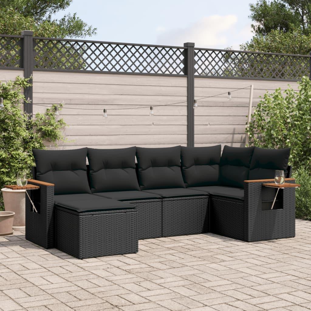 6 Piece Garden Sofa Set with Cushions Black Poly Rattan