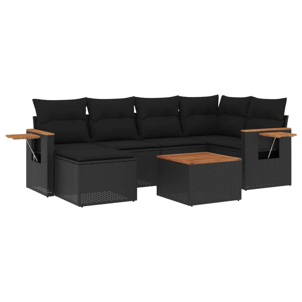 7 Piece Garden Sofa Set with Cushions Black Poly Rattan