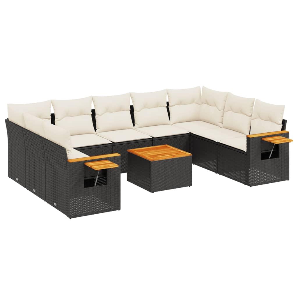 10 Piece Garden Sofa Set with Cushions Black Poly Rattan