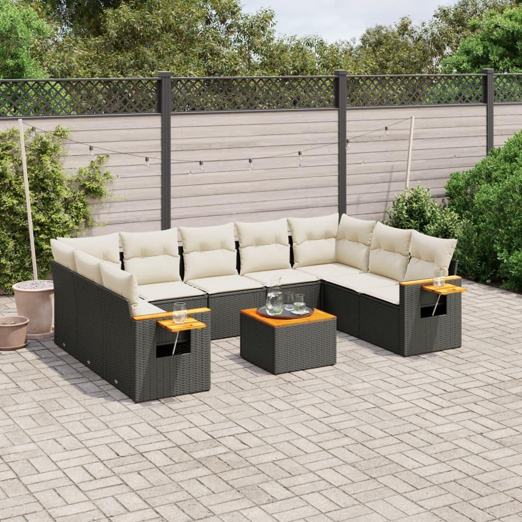 10 Piece Garden Sofa Set with Cushions Black Poly Rattan