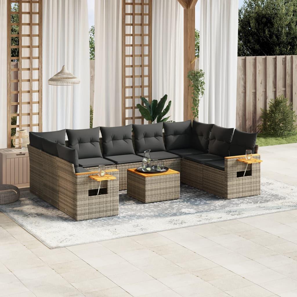 10 Piece Garden Sofa Set with Cushions Grey Poly Rattan