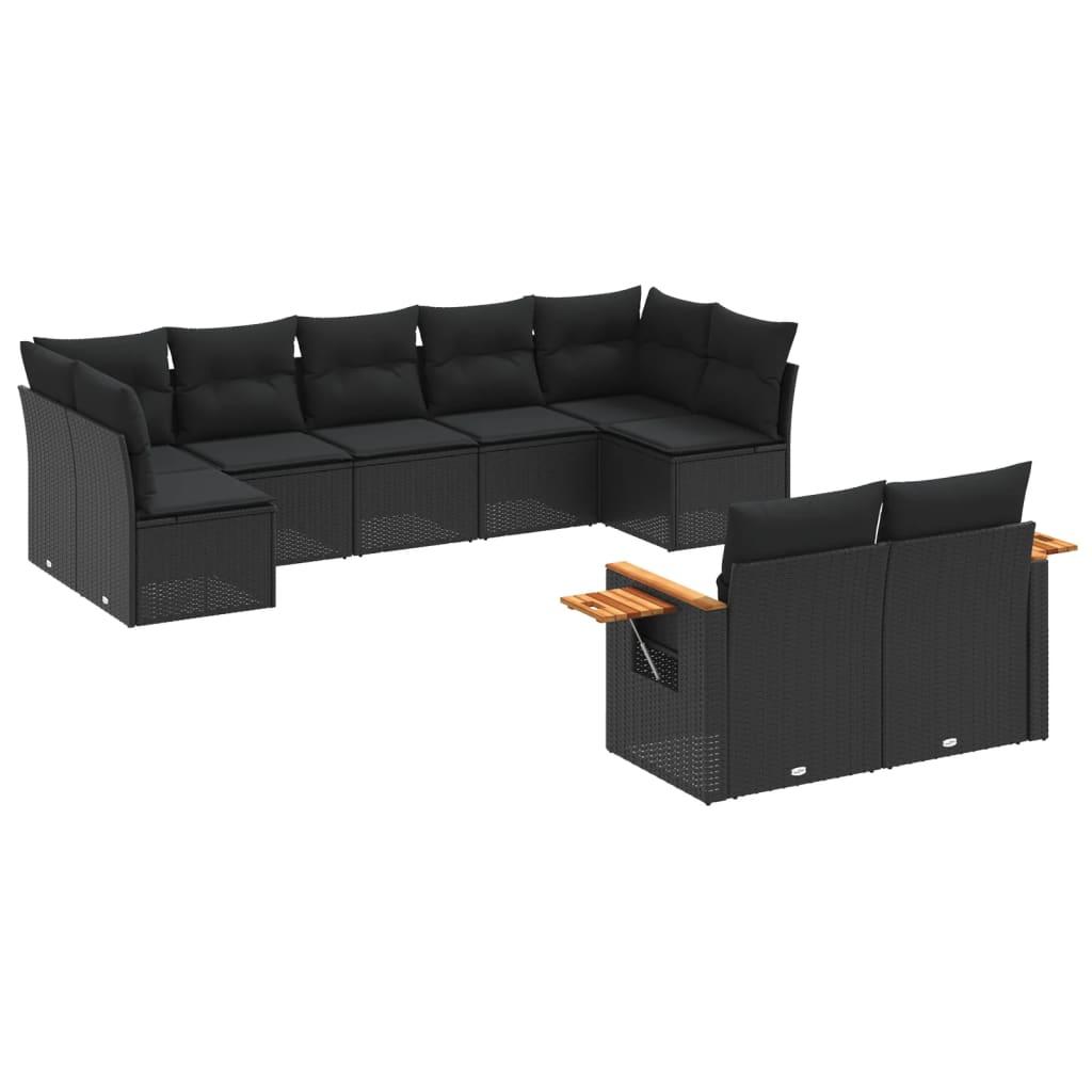 9 Piece Garden Sofa Set with Cushions Black Poly Rattan