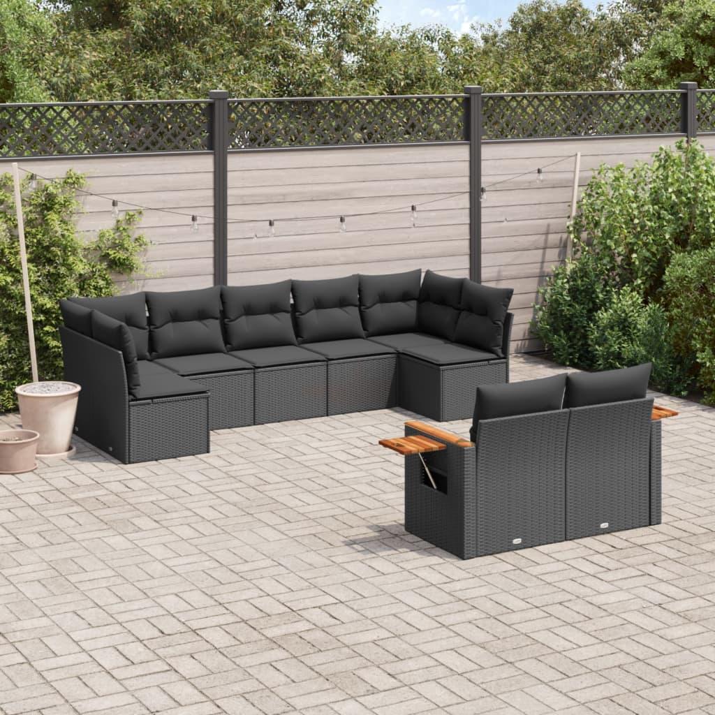 9 Piece Garden Sofa Set with Cushions Black Poly Rattan