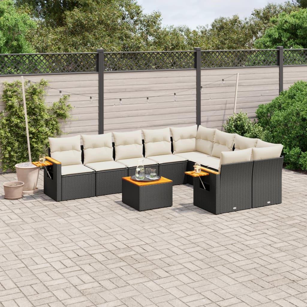 10 Piece Garden Sofa Set with Cushions Black Poly Rattan