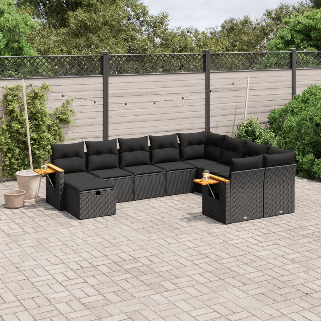 10 Piece Garden Sofa Set with Cushions Black Poly Rattan