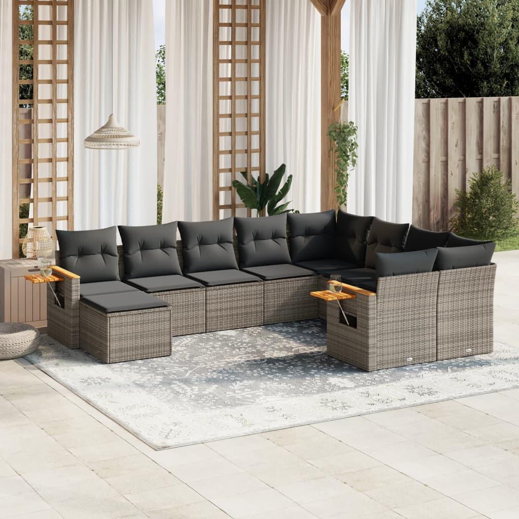 10 Piece Garden Sofa Set with Cushions Grey Poly Rattan