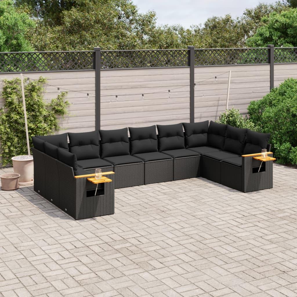 10 Piece Garden Sofa Set with Cushions Black Poly Rattan